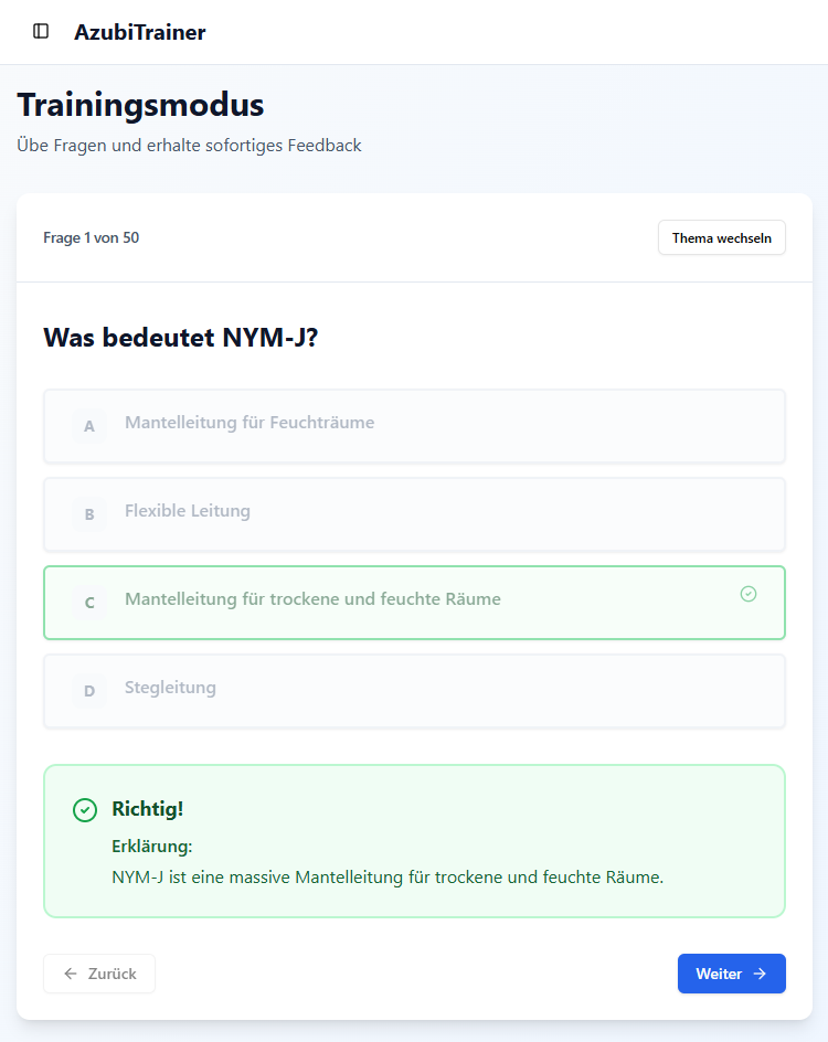 Elektro Trainer - WebApp für deine Prüfungsvorbereitung (Zwischen- und Gesellenprüfung)